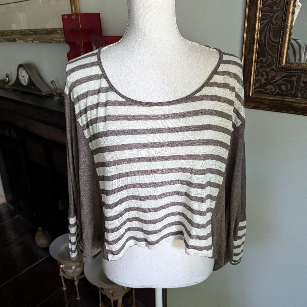 Pete & Greta Women's XS Loose Linen Striped Oversized Cropped T-shirt Taupe 108